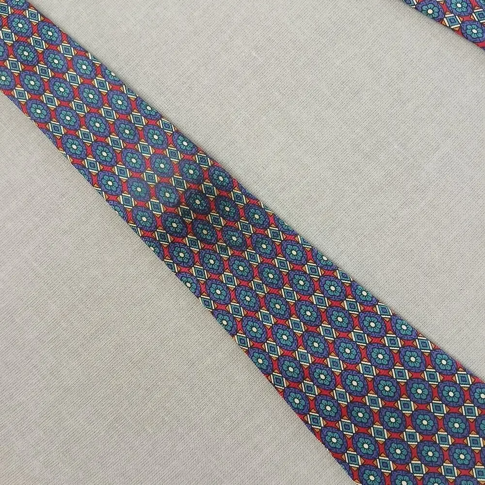 Vintage Christian Dior Monsieur Geometric Medallion Mens Necktie Red Blue
